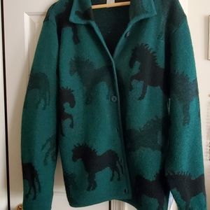 90's boiled wool collar/button-up hunter green/black cardigan with horse designs